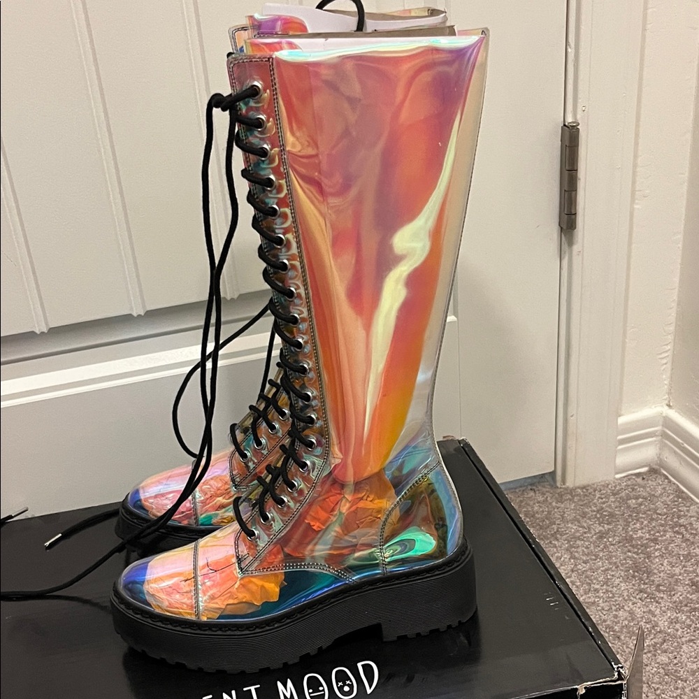 Current Mood Iridescent Holographic Lace-Up Combat Boots